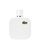 A imagem mostra um frasco de perfume da marca Lacoste. O frasco é retangular, com cantos arredondados e acabamento texturizado em relevo, todo branco, e com o desenho de um crocodilo, símbolo da marca, no canto superior direito.