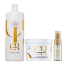 Produtos de tratamento capilar da linha Oil Reflections da Wella Professionals. Inclui um shampoo, uma máscara e um óleo capilar.