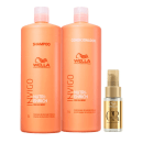 Dois frascos grandes de plástico na cor laranja, um contendo shampoo e o outro condicionador da linha Nutri-Enrich com Goji Berry, ambos com capacidade de 1 litro. Também há um frasco menor dourado com um spray de óleo capilar da linha Oil Reflections.
