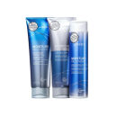 Produtos da linha Moisture Recovery da Joico, incluindo condicionador, tratamento e shampoo, em embalagens de plástico com predominância de cores azul e branca.