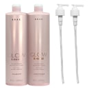 Dois frascos rosa-claro da linha Glow Shine da Braé, contendo shampoo e condicionador, com bombas doseadoras brancas. Embalagens de 1 litro com rótulos destacando os benefícios de nutrição e brilho radiante.