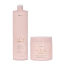 Dois produtos da marca Braé: um frasco de shampoo rosa claro com rótulo "Glow Shine" e um pote rosa claro com rótulo "Glow Shine Hair Mask", ambos com acabamento brilhante e textos em dourado.