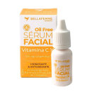 Frasco de soro facial da marca Bella Femme, com 10 ml de volume, contendo 10% de vitamina C. Embalagem branca e laranja, com rótulo destacando "Oil Free Serum Facial" e "Vitamina C 10".