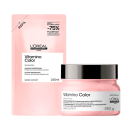 O produto apresentado é um conjunto de tratamento para cabelos coloridos da linha Vitamino Color da L'Oréal Professionnel, da série Expert.