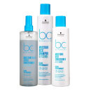 Conjunto de produtos de cuidados capilares da linha Bonacure da Schwarzkopf Professional, incluindo spray condicionador, shampoo e condicionador em embalagens brancas e azuis.