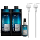 Dois frascos de shampoo e condicionador da linha Truss Professional, com embalagem preta e azul, acompanhados de um frasco de óleo reconstrutor da mesma marca, em embalagem preta e branca, e dois dispensadores brancos.