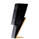 Perfume com frasco em formato de raio nas cores preta e dourado.