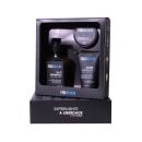 Caixa preta com 3 produtos, shampoo, balm hidratante e pomada modeladora. Todos em embalagem preta com detalhes azuis.