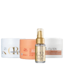 Produtos da linha Wella Professionals: frasco de óleo, pote de máscara nutritiva e embalagem da máscara reparadora Fusion, em cores branca, laranja e dourada.