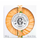 Sabonete em barra da marca Roger & Gallet, com embalagem circular em tons de laranja e branco, exibindo o logotipo da marca e a fragrância "Néroli". O produto possui 100g e é apresentado em uma caixa com informações sobre a marca e o produto.