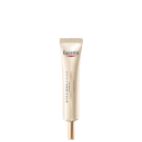 Bisnaga de item de perfumaria da marca Eucerin, com rótulo em tons de azul e vermelho, contendo texto "Hyaluron-Filler" e "Olhos Pró".