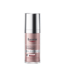 Frasco de sérum facial Eucerin Anti-Pigment, com embalagem prateada e rosa, contendo o texto "Dual Sérum Facial" e "Patented Thiamidol" em destaque.