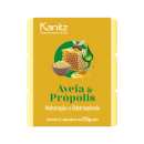 Caixa amarela da marca Kanitz contendo 3 sabonetes de 120g cada, com imagem de favo de mel, abelha e gotas de óleo, indicando o produto de "Aveia & Própolis" para hidratação e adstringência.