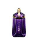 Frasco de perfume de vidro de cor roxa com tampa dourada em formato de foguete. O rótulo exibe o nome "Alien" em letras douradas.