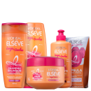 Produtos da linha Elseve da L'Oréal Paris, incluindo shampoo, creme milagroso e cápsula para cabelos longos e danificados, em embalagens laranja e rosa com logotipos e textos em destaque.