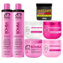 Conjunto de produtos da marca Force Cosméticos, incluindo shampoo, condicionador, máscara de reconstrução, máscara de hidratação e suplemento capilar Anabolizante Whey, em embalagens rosa e preta.
