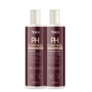 Dois frascos de 300ml da linha Ph Control da Apice Cosméticos, um shampoo e um condicionador anti porosidade para cabelos porosos, com embalagens de cor vinho e rótulos com informações sobre os ingredientes e benefícios do produto.