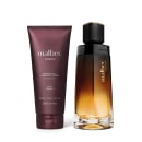 Dois produtos da marca Malbec: um frasco de perfume com tampa preta e dourada, e um tubo de gel de banho com embalagem roxa e branca. Ambos exibem o nome da marca em destaque.