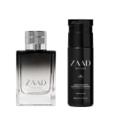 Fragrância Zaad Intense em frasco de vidro preto e prata, acompanhada de loção hidratante corporal Zaad Intense em embalagem preta com detalhes em prata. Ambos os produtos exibem o nome da marca de forma proeminente.