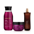 Produtos da linha Nativa SPA Rosas Secretas: sabonete líquido perfumado, creme corporal e óleo seco para corpo e cabelo, em embalagens de vidro e plástico com predominância da cor roxa.