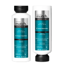Dois frascos de produtos de beleza da linha Match Science, um shampoo e um condicionador para crescimento capilar, com embalagens brancas e azuis, contendo informações sobre os ingredientes e benefícios dos produtos.