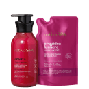 Produto de beleza Nativa SPA: Frasco vermelho de loção nutritiva desodorante "ameixa" com 400ml e embalagem rosa com texto "orquídea lumière" e informações sobre o produto de 350ml.