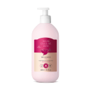 Embalagem plástica rosa claro com detalhes em rosa escuro e bege. Bomba dosadora branca. Rótulo com logotipo da marca, nome do produto e informações como volume de 400ml. Símbolos indicando que é vegano e não testado em animais.