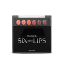 A imagem mostra uma paleta de maquiagem da marca Make B. chamada "Six Mini Lips". É uma embalagem retangular preta com seis batons em formato de gota, dispostos em duas fileiras. Os batons apresentam tons variados de rosa, coral e vinho.