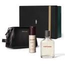Kit de produtos de beleza da marca Boticollection, incluindo um frasco de fragrância Portinari, um desodorante em spray da mesma linha e uma bolsa de couro preta. A embalagem é predominantemente preta e verde, com detalhes em dourado.