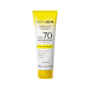 Protetor solar corporal Boti.Sun com FPS 70. Embalagem em tubo plástico amarelo e branco. Textura gel creme. Contém 120g. Rótulo com informações sobre proteção solar muito alta, tecnologia Sonnenstrahl com proteção UVB, UVA e antioxidante.