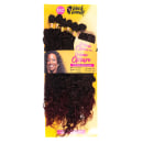 Extensões de cabelo da marca Black Beauty. Contém vários fios de cabelo encaracolado e escuro, com uma imagem de uma mulher sorrindo na embalagem. A embalagem tem um fundo amarelo brilhante com o texto "Black Beauty" e "Organic Closure" em destaque.