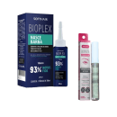 Caixa azul e frasco de tônico Bioplex da Soft Hair para crescimento da barba, com promessa de 93% de novos fios. Também há um tubo de creme para sobrancelhas e cílios da mesma marca.