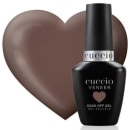 Esmalte em gel. O frasco é preto com o nome da marca "Cuccio". Abaixo, há o texto "Veneer" também em letras brancas. O produto é um gel de unhas que pode ser removido com facilidade, conforme indicado pelo texto "Soak Off Gel" na embalagem.