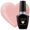 O produto apresentado na imagem é um esmalte em gel. O frasco é preto com o nome da marca "Cuccio" em letras brancas. O esmalte está posicionado em frente a um fundo rosa, que parece ser uma superfície lisa e uniforme.
