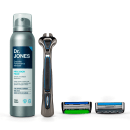 A imagem mostra produtos da marca DR JONES: espuma de barbear, cabo de aparelho de barbear e lâminas de barbear.