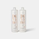 A imagem mostra três produtos da marca Braé, da linha Divine. Dois são frascos de shampoo e condicionador de 1 litro. As cores predominantes são branco e dourado.