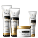 Produtos da linha Siàge Cica Therapy, incluindo shampoo, condicionador, leave-in e máscara capilar, em embalagens brancas com detalhes dourados, apresentando a marca e a descrição da terapia de cicatrização.