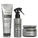 Produtos da linha Siàge da Eudora: shampoo, spray e máscara de tratamento Nutri Diamond, com embalagens em tons de cinza e preto, destacando os benefícios de nutrição e blindagem para os cabelos.