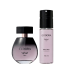 Dois produtos da marca Eudora: um frasco de perfume Velvet Soul e um frasco de desodorante corporal Velvet Soul, ambos em embalagens pretas e rosas com o nome da marca e do produto visíveis.