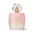 Frasco de vidro transparente degradê rosa claro. Tampa dourada com vidro em forma de pedra translúcida. Rótulo em letras douradas no contraste rosa.
