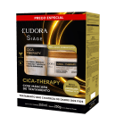 Caixa de produto de tratamento capilar Eudora Siàge Cica-Therapy, contendo shampoo de 250 ml e máscara capilar de 250 g, com destaque para os benefícios de cicatrização e restauração da fibra capilar.