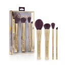 Conjunto de pincéis de maquiagem Eudora em embalagem dourada e roxa, contendo 4 pincéis de diferentes tamanhos com cerdas roxas e cabos dourados.