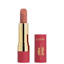 Batom rosa-coral com textura aveludada em embalagem dourada com detalhes florais, marca Eudora impressa em vermelho.
