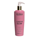 Frasco rosa com bomba doseadora dourada contendo o produto "Leave-in Glow" da marca Haissa Profissional, com informações sobre o produto impressas no rótulo.
