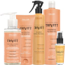 Produtos de cuidados capilares da marca Itallian Hairtech da linha Trivitt. Inclui shampoo 1l, creme de nutrição de 200g, máscara líquida de de 110ml, fluido para escova de 300g e reparador de pontas de 30ml.