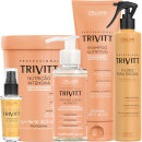 A imagem mostra uma linha de produtos para cabelos da marca Itallian Hairtech. Os produtos incluem um shampoo nutritivo, uma máscara líquida, um creme de nutrição, um fluido para escova em uma embalagem laranja e um reparador de pontas.