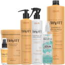 A imagem mostra uma linha de produtos para cabelos da marca Itallian Hairtech. Os produtos incluem shampoo pós-química, tratamento de cauterização, creme hidratante intensivo, reparador de pontas, sérum remineralizante e fluido de reparação.