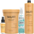 A imagem mostra uma linha de produtos para cabelos da marca Itallian Hairtech. Há um sérum remineralizante, um óleo reparador de pontas, uma máscara hidratante e um shampoo pós-química.