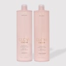A imagem mostra dois frascos rosa claro contendo shampoo e condicionador da linha Glow Shine da marca Brae. Nas embalagens, está impresso em letras douradas "Glow Shine - Nourishment and Radiant Shine" (Nutrição e Brilho Radiante)