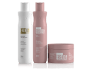 Três produtos da linha Fashion Gold: um frasco branco de 300g de Escova Progressiva, um frasco de 300ml de Shampoo e um pote de 250g de Máscara Pós-Progressiva